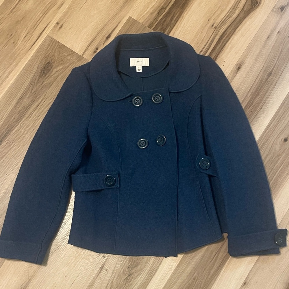 Merona wool Navy Double-Breasted Peacoat with Rounded Collar